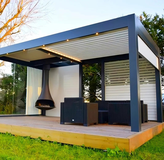 Black Rothnow aluminum pergola with customizable size, featuring a sleek ceiling design and durable aluminum alloy construction.