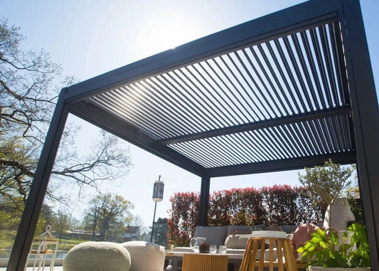 Black Rothnow aluminum pergola with a sleek, modern design, suitable for outdoor climate shading and customization.