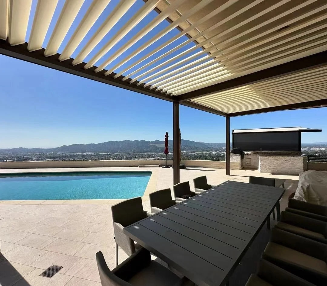 Black Rothnow aluminum climate pergola with sleek ceiling design, customizable size, durable alloy construction for outdoor shade and style.
