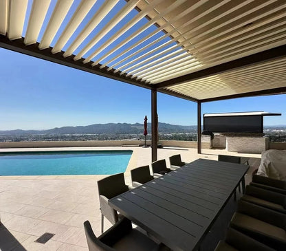 Black Rothnow aluminum climate pergola with sleek ceiling design, customizable size, durable alloy construction for outdoor shade and style.