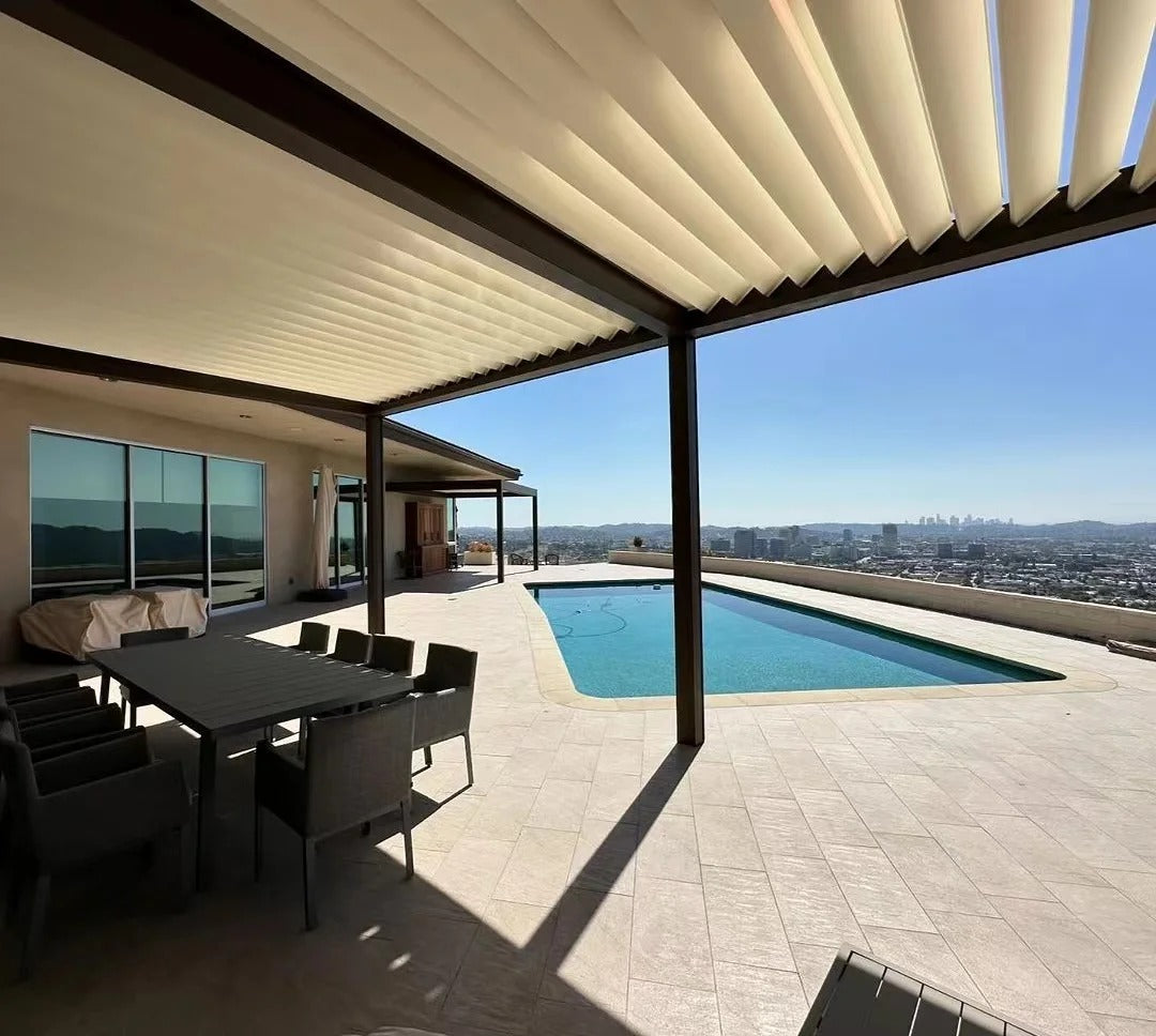 Black Rothnow Aluminum Pergola with customizable size, designed for outdoor climate protection, featuring sturdy aluminum alloy construction.