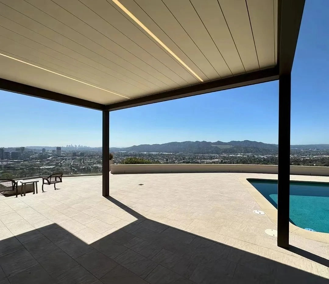 Black Rothnow aluminum pergola with climate-resistant roof, custom-sized ceiling structure for outdoor shading and style.