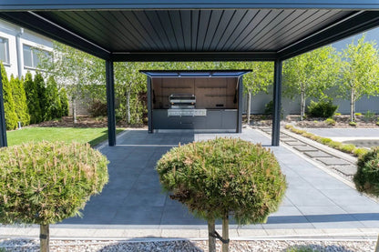 Black Rothnow aluminum climate pergola with adjustable ceiling, made of durable aluminum alloy, designed for outdoor shading and comfort.