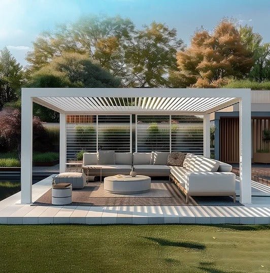 Black Rothnow aluminum pergola with customizable size, featuring sleek aluminum alloy construction and a stylish ceiling design.
