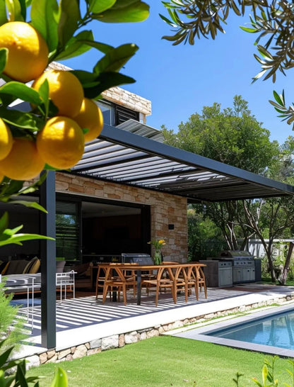 Black Rothnow aluminum pergola with sleek ceiling design, customizable size, and durable alloy construction for outdoor climate control.