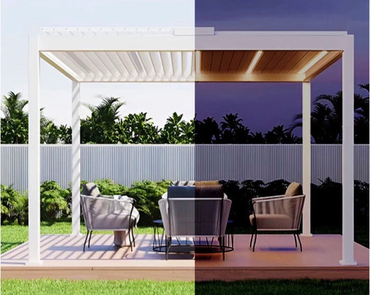 Black Rothnow aluminum pergola with customizable size, modern climate-resistant design, ideal for outdoor shading and relaxation.