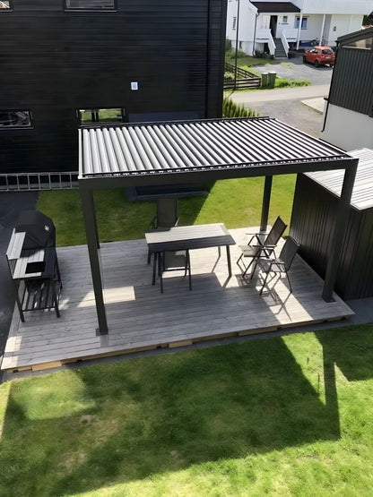 Black Rothnow® aluminum pergola with sleek design, featuring a sturdy climate-resistant aluminum alloy roof and open ceiling style.