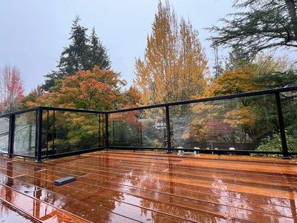 Rothnow Aluminum Glass Railing RNAR02 in black, showcasing sleek aluminum and glass panels for modern safety and style.