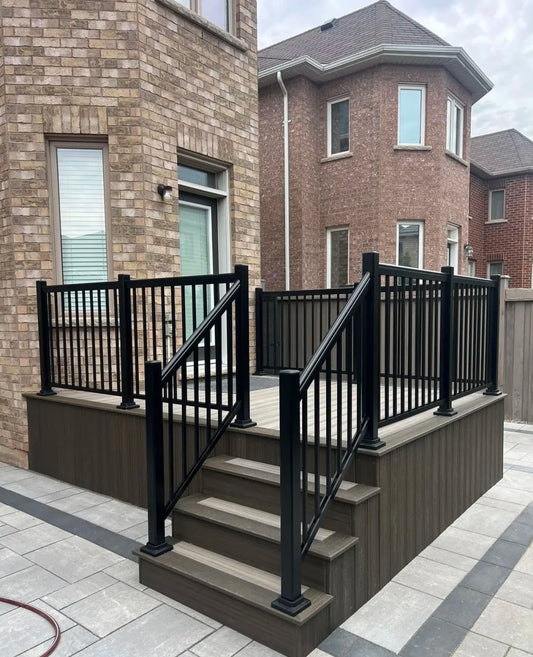 Black Rothnow aluminum railing RNAR04, customized size, showcasing sleek, durable guardrail for outdoor safety and modern design.