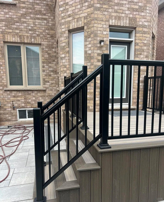 Black Rothnow® aluminum railing RNAR04 with customized size, sturdy and sleek safety barrier for balconies or stairways.