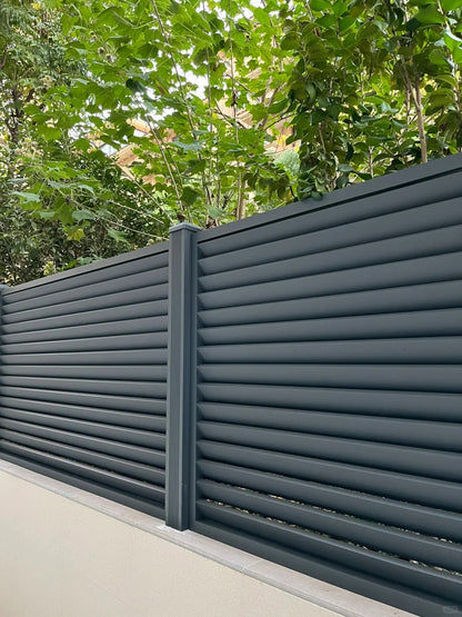 Black Rothnow aluminum railing with shutter design, customizable size, used as a durable outdoor fence or balcony railing.