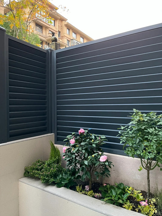 Black Rothnow aluminum railing with shutter design, customized size, durable safety fence for outdoor use.