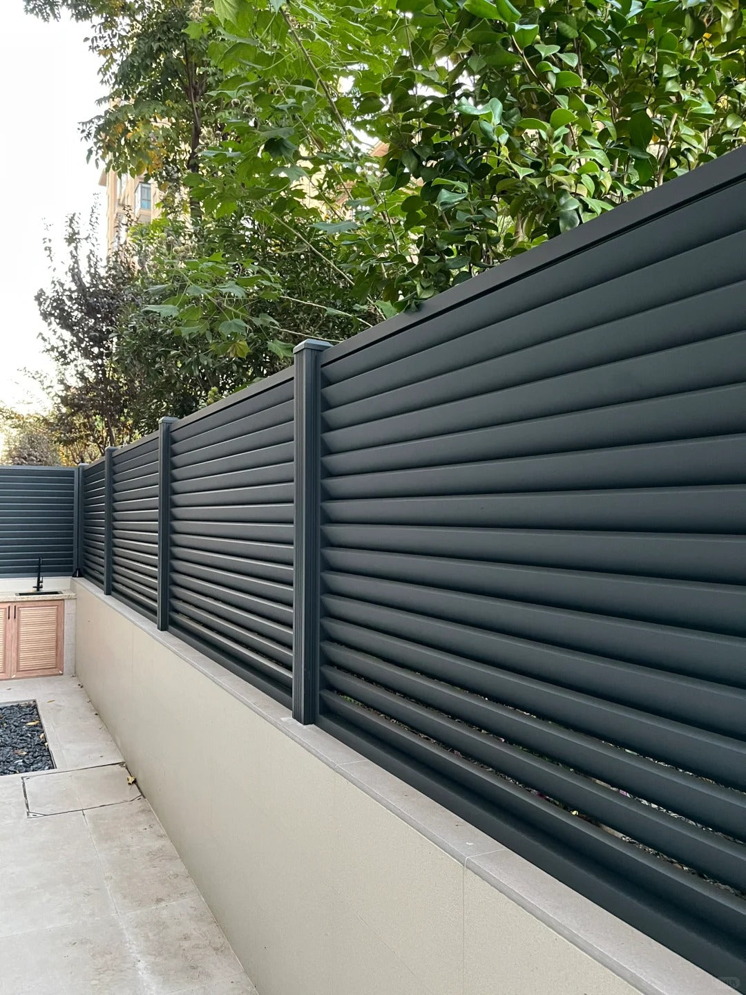 Black Rothnow aluminum railing with shutter design, customizable size, durable metal fencing for outdoor safety and privacy.