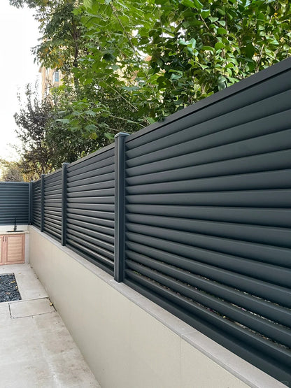 Black Rothnow aluminum railing with shutter design, customizable size, durable metal fencing for outdoor safety and privacy.
