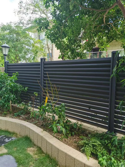 Black Rothnow aluminum railing and shutter fence with customized size, featuring sleek, modern design for outdoor safety and style.