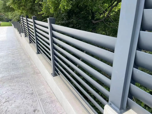 Black Rothnow aluminum railing with shutter design, custom-sized safety fence for outdoor use, durable and modern in appearance.