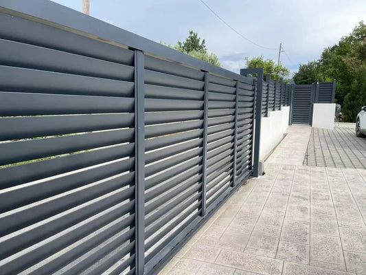 Black Rothnow aluminum railing with shutter design, custom-sized for secure outdoor fencing and modern decorative use.