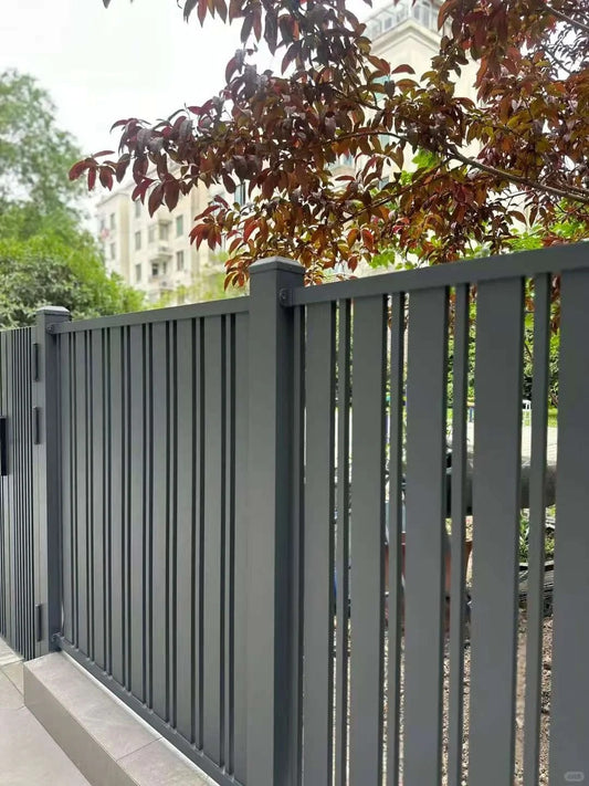 Black Rothnow aluminum railing fence with sleek horizontal bars, customizable size, ideal for outdoor safety and decorative fencing.