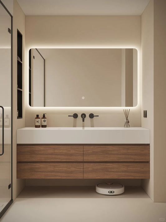 Black Rothnow bathroom vanity with a single basin, custom-sized, featuring a sleek and modern design for contemporary bathrooms.