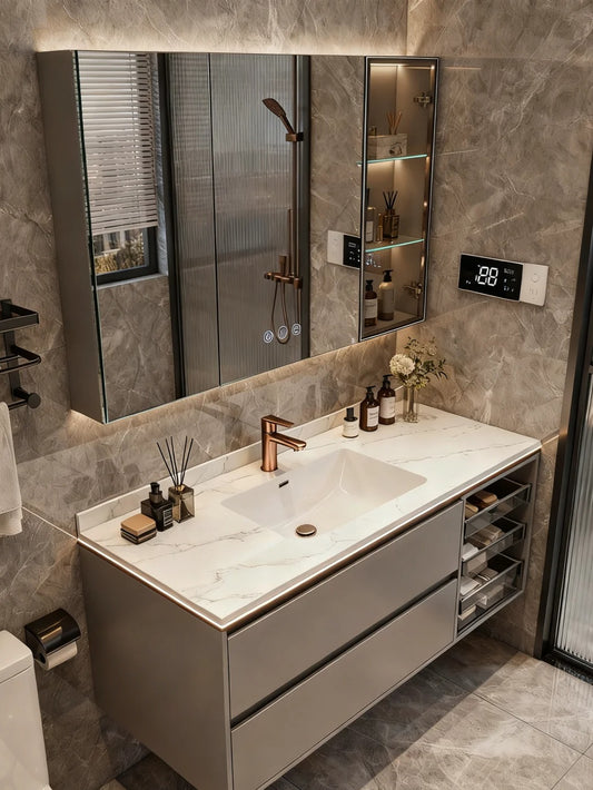 Rothnow® single basin bathroom vanity with black finish, custom size, featuring a modern design and sleek surface.