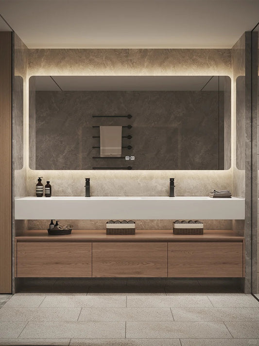 Rothnow double basin bathroom vanity with black finish and custom size, featuring a modern design and sturdy护栏 for added support.