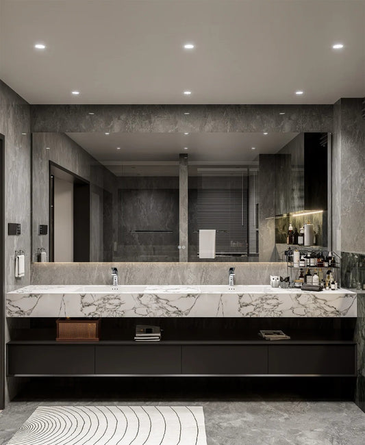 Black Rothnow® Bathroom Vanity RNBV04 with double basins and a contemporary design, featuring a custom-sized protective barrier.