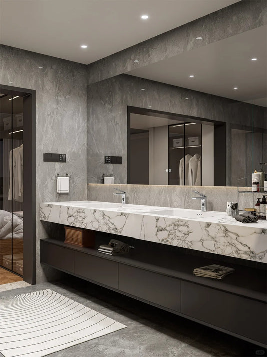 Rothnow® double basin bathroom vanity with black finish and customizable size, featuring a sleek modern design.