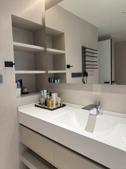 Black Rothnow® bathroom vanity with custom size and护栏, modern design, shown in a sleek, minimalist bathroom setting.