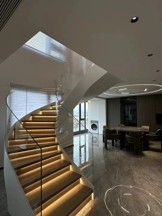 Rothnow curved wooden staircase RNCS02 with black finish, custom size, showcasing elegant curved design for interior stairway.