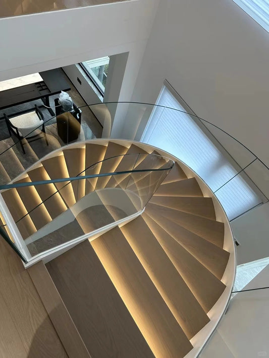 Rothnow curved wooden staircase with black finish, custom size, showcasing elegant design and craftsmanship.
