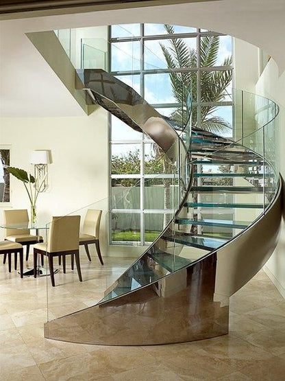 Black Rothnow curved glass staircase, customized size, showcasing sleek, modern design with curved steps and glass panels.