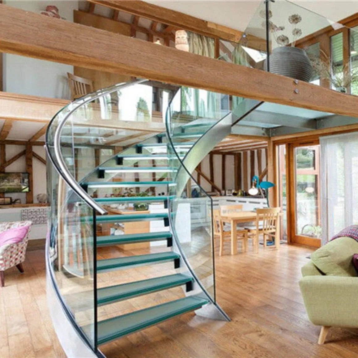 Black Rothnow Curved Staircase with glass railing, custom size, featuring sleek, modern design and sturdy construction.
