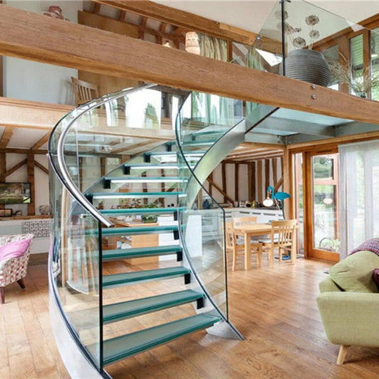 Black Rothnow Curved Staircase with glass railing, custom size, featuring sleek, modern design and sturdy construction.