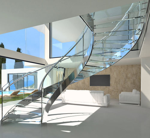 Rothnow® Curved Staircase RNCS04 with glass railing, custom-sized black staircase showcasing elegant design and modern craftsmanship.