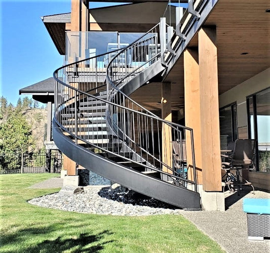 Black Rothnow curved outdoor staircase with custom size design, featuring elegant railing and sturdy steps for outdoor use.