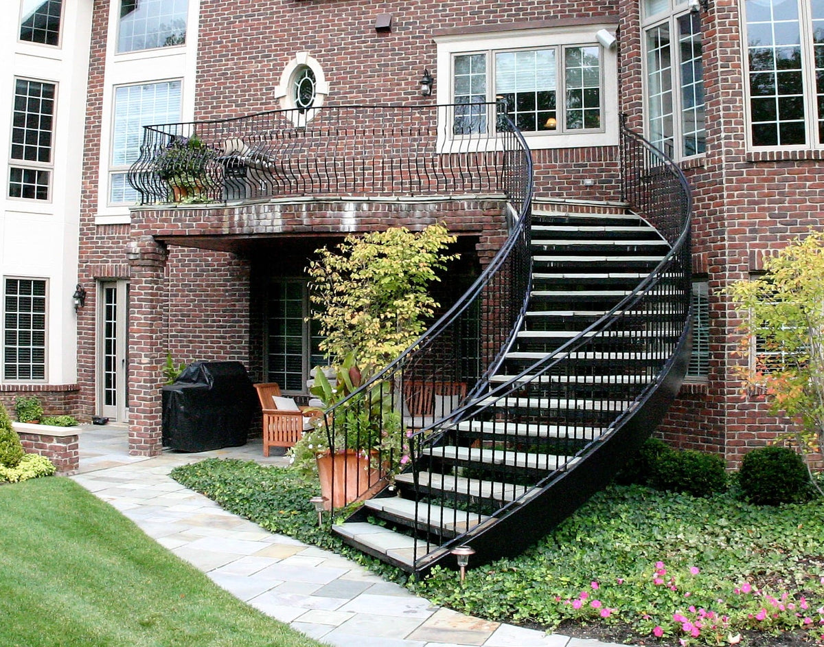 Black Rothnow curved outdoor staircase with custom size, featuring elegant design and sturdy railings for exterior access.