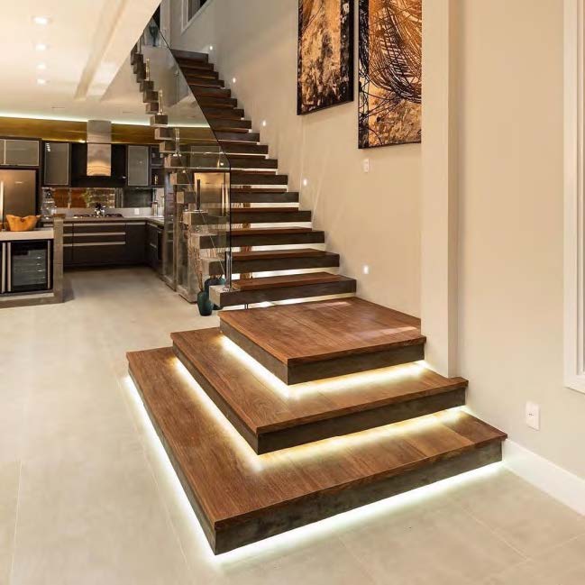 Rothnow® Wood Floating Staircase RNFS01 with black finish, modern design, showcasing sleek steps and minimalist style in a contemporary interior.