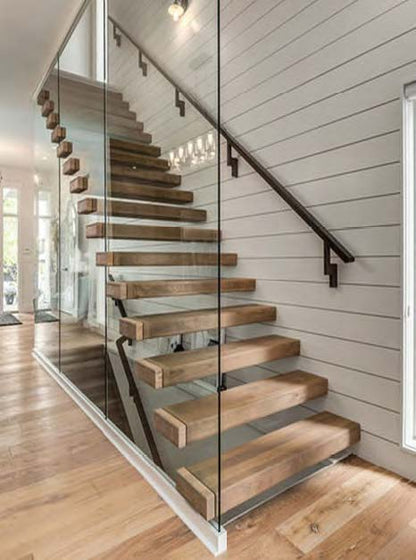 Black Rothnow® floating wooden staircase RNFS01 with customized size, modern design, and sleek appearance for contemporary interiors.