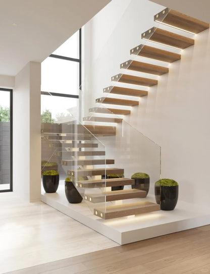 Rothnow® Floating Staircase RNFS02-Wood, black wood staircase with sleek modern design and minimalist floating steps.