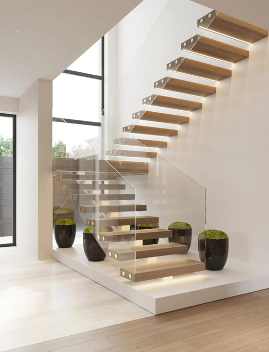 Rothnow® Floating Staircase RNFS02-Wood, black wood staircase with sleek modern design and minimalist floating steps.