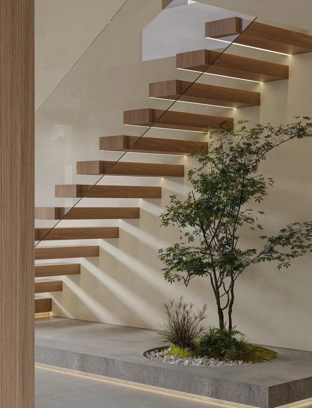 Black Rothnow® floating staircase RNFS02 made of wood, showcasing a sleek, modern design with open risers and minimalist style.