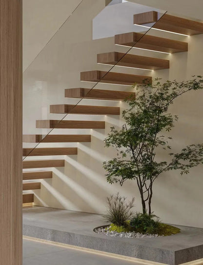 Black Rothnow® floating staircase RNFS02 made of wood, showcasing a sleek, modern design with open risers and minimalist style.