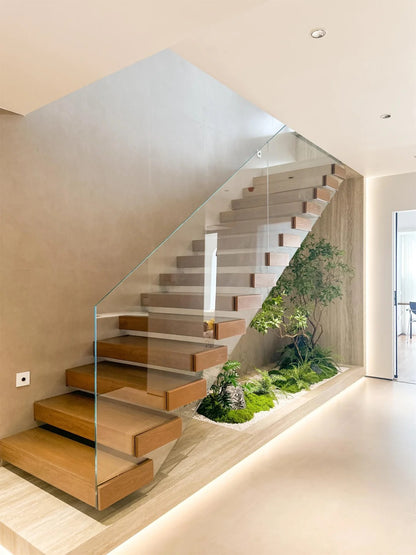Rothnow® Floating Staircase RNFS02-Wood in black, modern custom wood staircase with sleek design and sturdy floating steps.