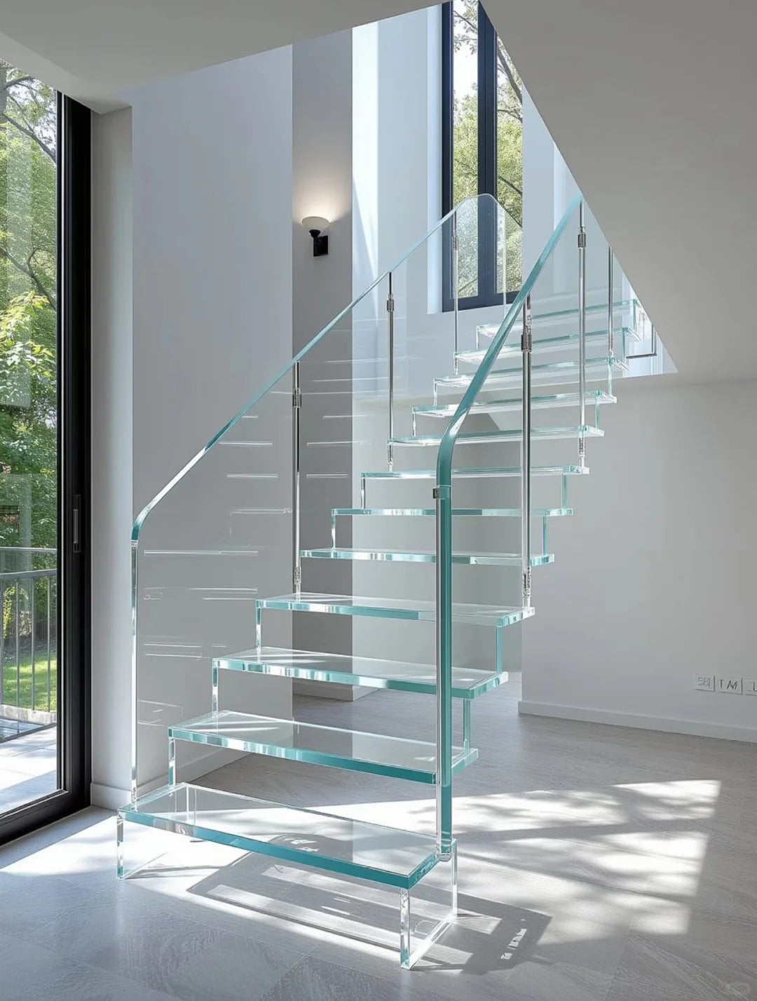 Rothnow® glass floating staircase RNFS04 with black finish, showcasing modern design and sleek floating steps.
