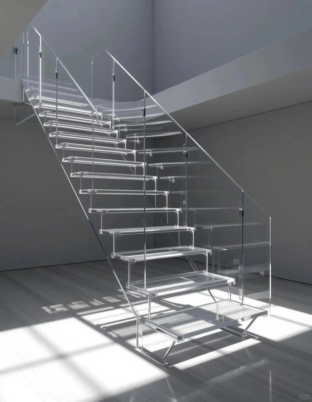 Rothnow® glass floating staircase RNFS04 with black finish, modern design, featuring sleek treads and minimalist support structure.
