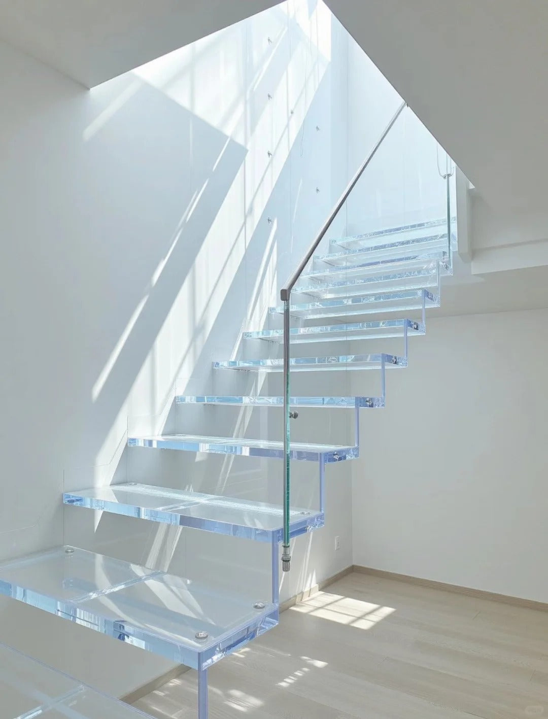 Rothnow® Glass Floating Staircase RNFS04 with black finish, modern design, showcasing sleek steps and minimalist style.