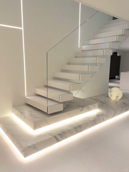 Rothnow® Floating Staircase RNFS05 in black with stone steps, modern design, showcasing sleek, minimalist interior staircase.