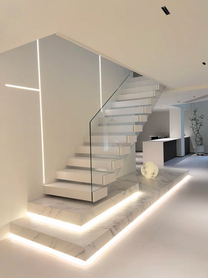Black Rothnow floating staircase RNFS05 with stone treads, modern design, showcasing customizable size and sleek aesthetic.