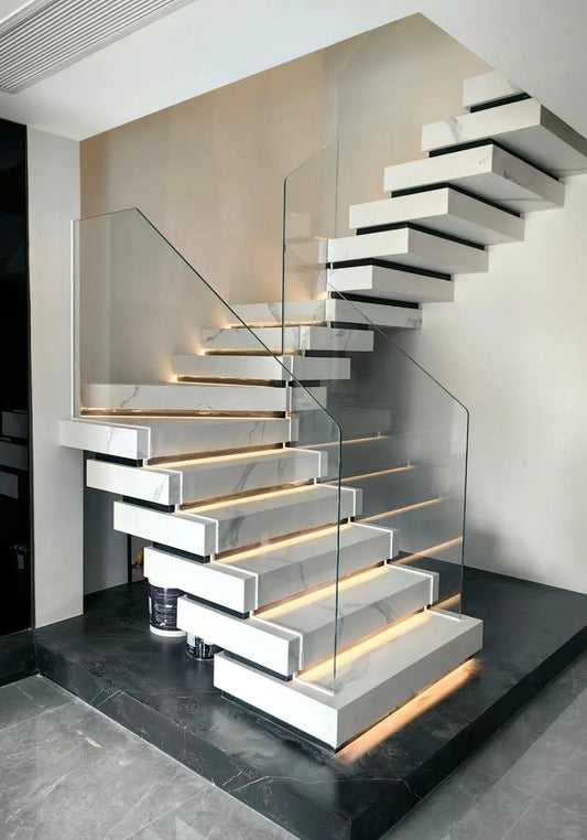 Rothnow® black stone floating staircase with sleek, modern design, showcasing minimalist stairs and support structure.