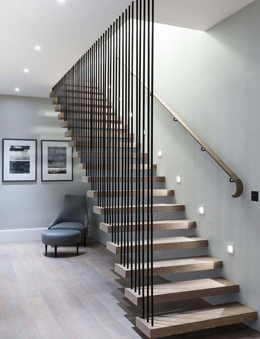 Rothnow® floating staircase with cable railing, black custom size, modern design, showcasing sleek floating steps and sturdy cable support.